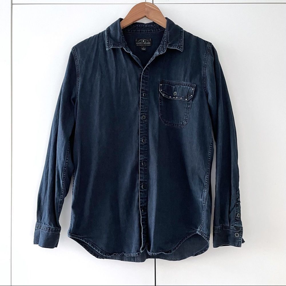 Lucky Brand Studded BF Shirt Denim Jean Long Sleeve Boyfriend Button Up Down Top